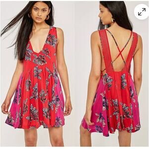 Free People Red Floral Mini Dress Open Back Criss Cross Boho Fit Flare Medium